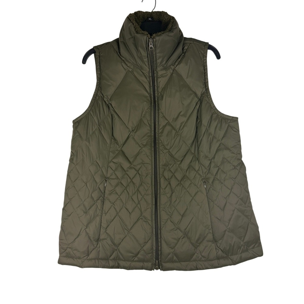 J. Jill Quilted Down Vest Tall Medium Artichoke Green Puffer Funnel Neck NEW